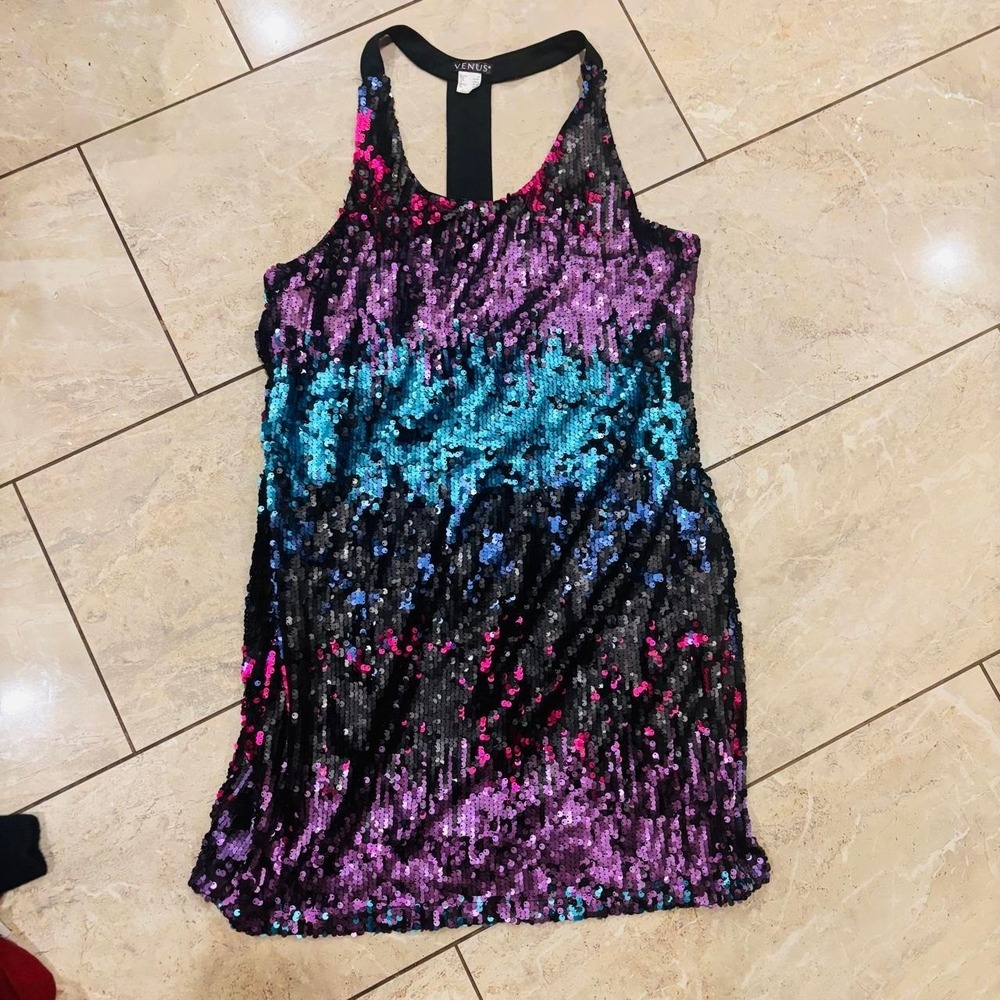 Venus Sequin Dress Womens 1X Blue Purple Pink Gradient Racerback Party Mini